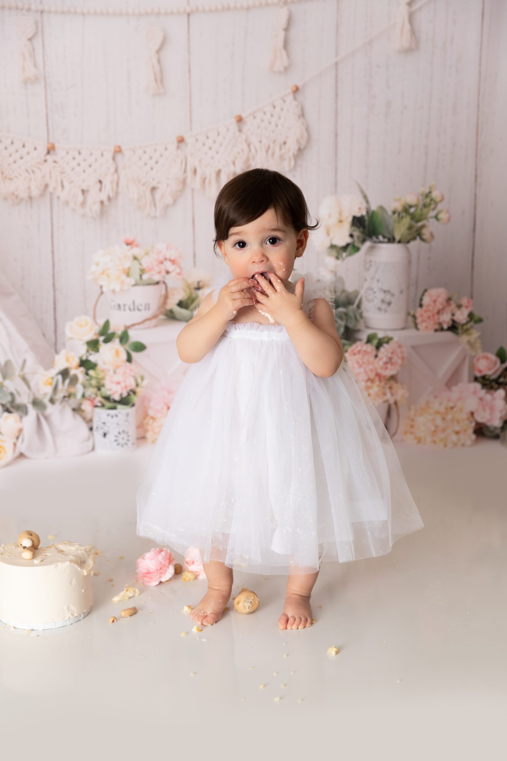 Séance photo de cake smash avec une petite fille réalisée en studio par une photographe de bébé de l’Ouest-de-l’Île
